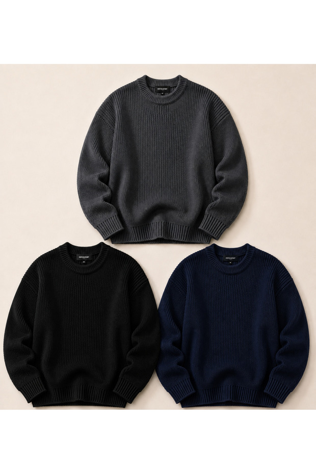Women's 3-Piece Crew Neck Oversize Knitwear Sweater Soft Knitted Sweater