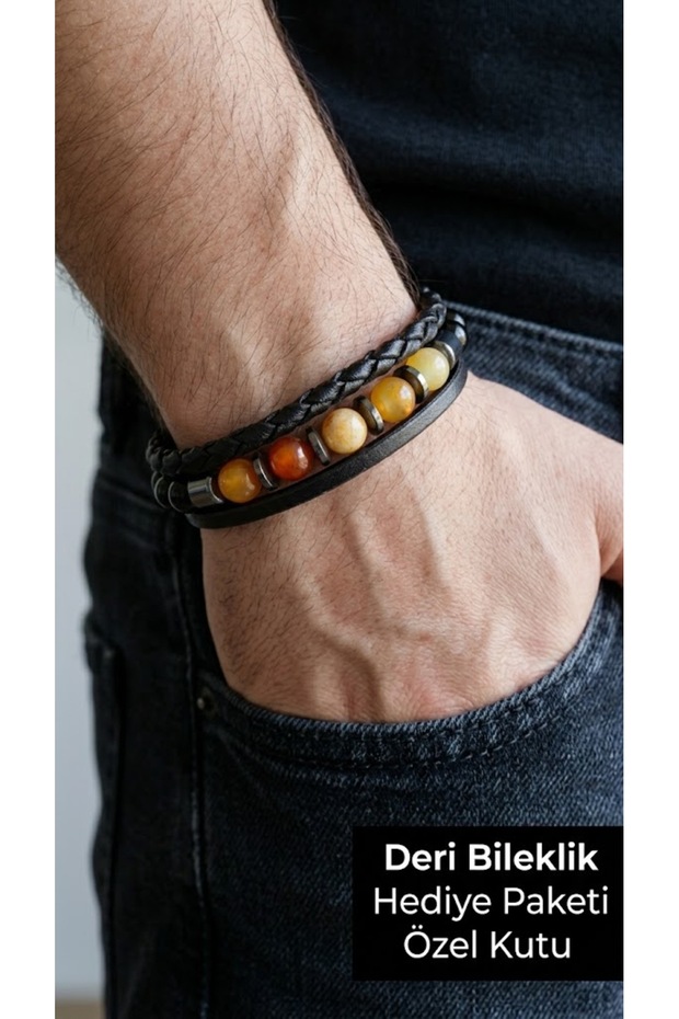 Santino Amberfield Black Leather Yellow Stone Beaded Premium Men's Bracelet