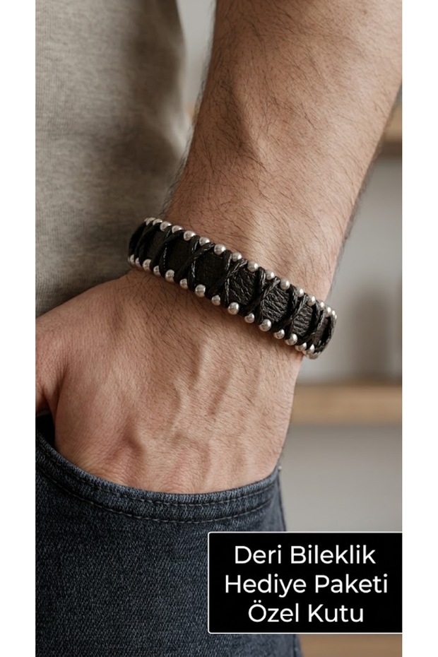 Cedric Steelstitch Brown Leather Metal Bead Detailed Men's Bracelet