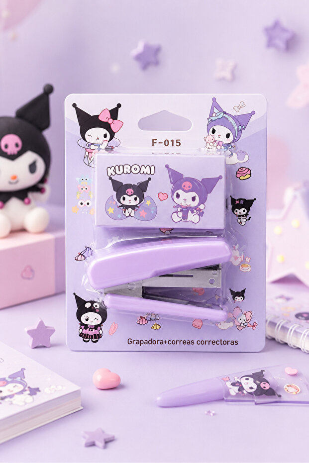 Cute Cat Kuromiii Patterned Purple Mini Stapler Kawaii Design Portable Stationery Stapler with Metal Mechanism