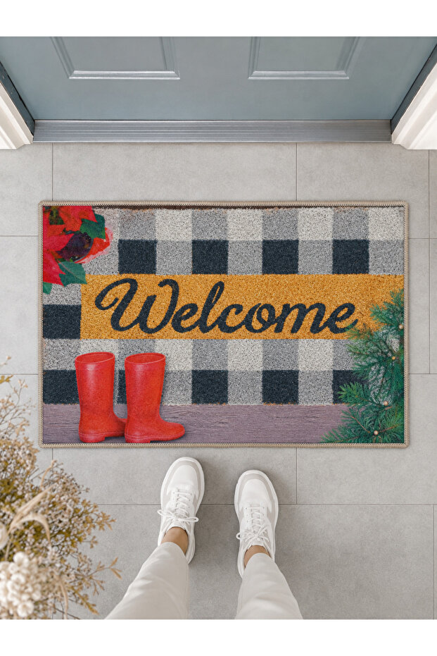 Welcome Written Red Boots Plaid Door Mat 40X60 cm - Washable Non-Slip Base Mat