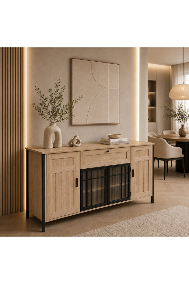 Modern Design Wooden Buffet Cabinet with Doors and Storage Drawers