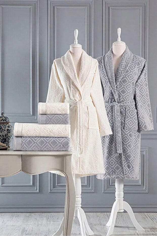 Velvet Family Bathrobe Set - Cream Gray