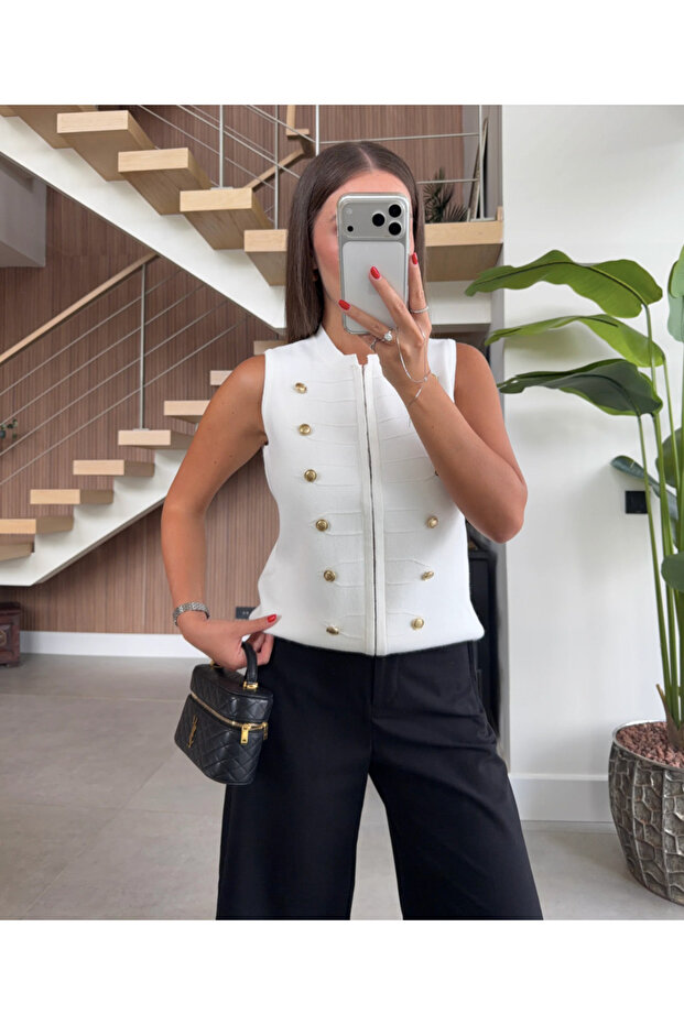 Napoleon Button Detailed Zipper Closure Vest Blouse
