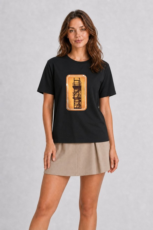 Women's Retro City Ladder Graphic T-Shirt Design - Black