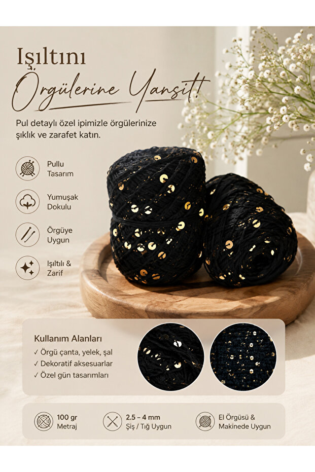 Black Gold Sequin Knitting Yarn - Stylish and Shimmering Yarn - for Hand Knitting and Design (100Gr)