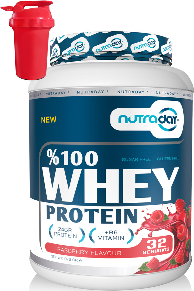 Whey Protein 976 Gr 32 Servings Raspberry Flavored 24 Grams of Protein 100% Protein Powder Shaker Gifted with a Shaker