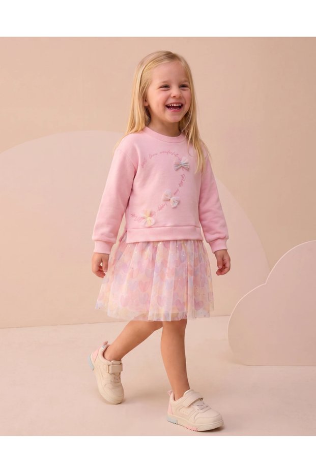 Pink Girls' Dress with Tulle Bow Detail