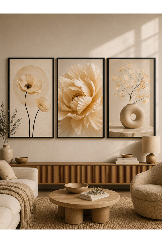 Framed 3 Piece White Flower and Flowerpot Wall Decor Painting Set for Hall Living Bedroom Office