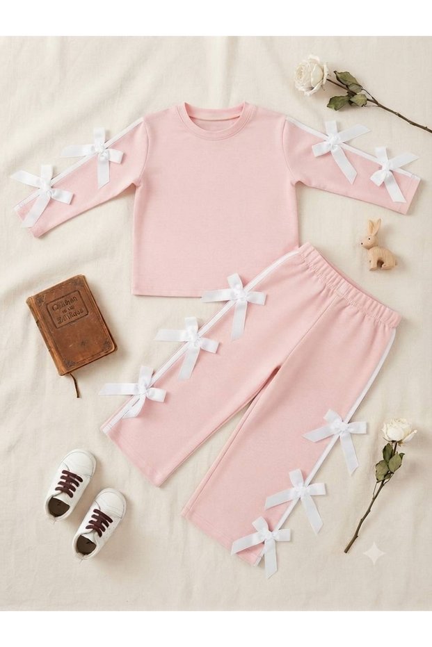 Girl's Striped Ribbon Bow Outfit with Oysho Fabric Bow