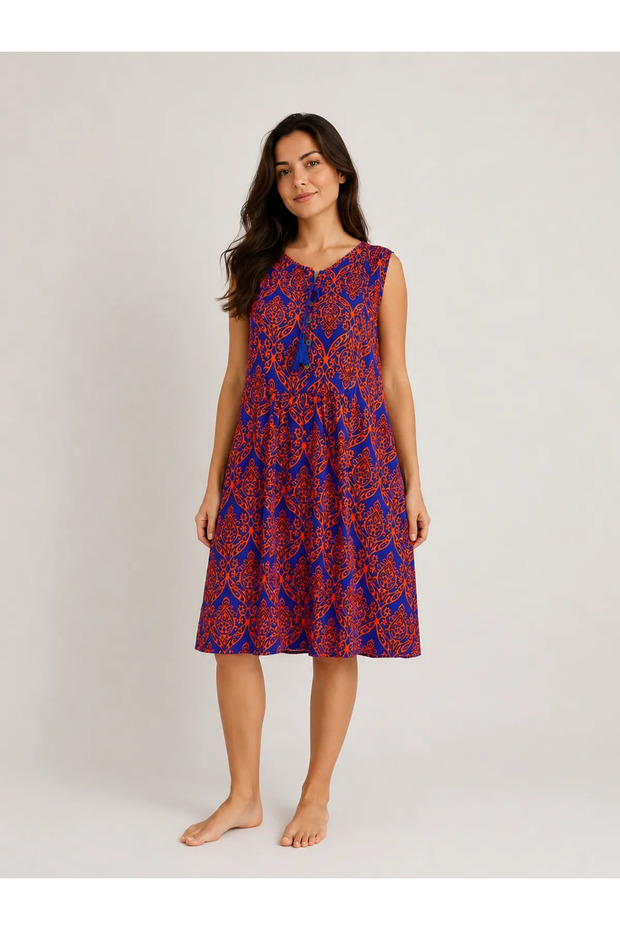 Women's Patterned Sleeveless Summer V-Neck Midi Dress 12C-2419