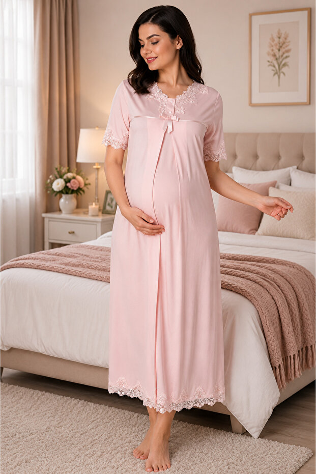 Short Sleeve Lace Maternity Nightgown Effortt