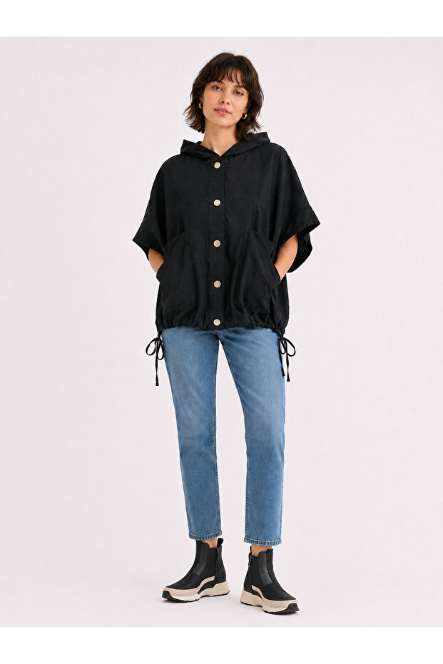Black Hooded Relaxed Fit Women's Blouse