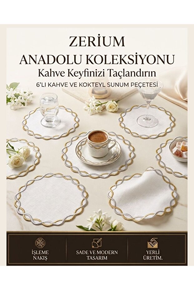 Premium 6-Piece Cocktail and Coffee Presentation Napkins with Gold and Silver Twisted Embroidery