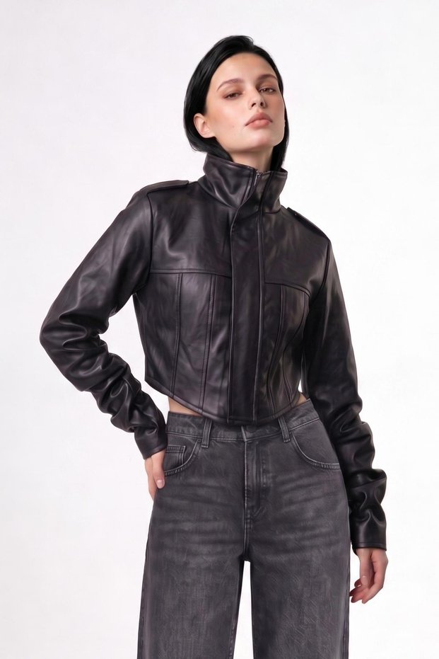 Premium Crop Women's Black Leather Jacket with Corset Detail