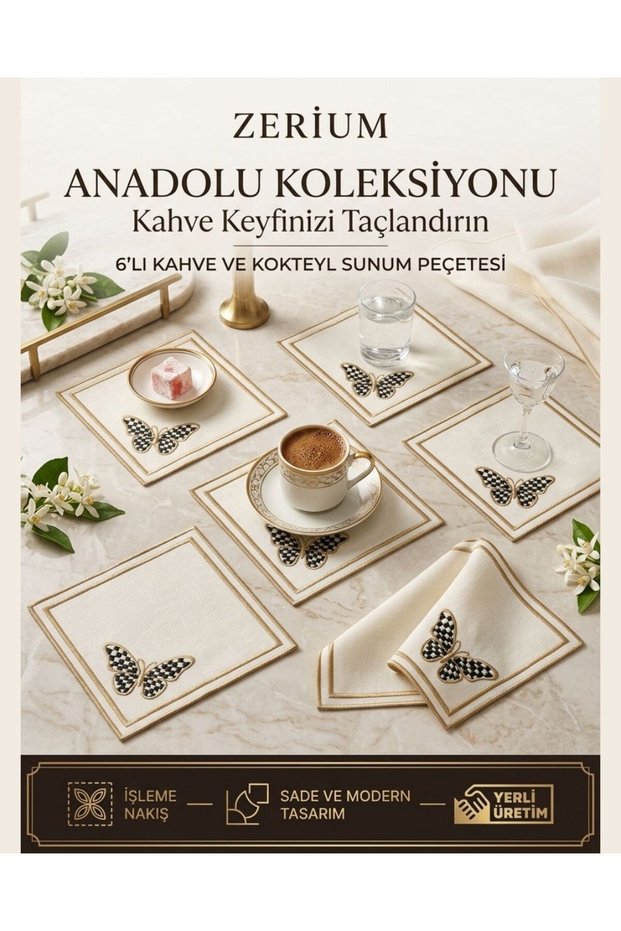 Premium 6-Piece Cocktail and Coffee Presentation Napkins with Checkered Butterfly Embroidery