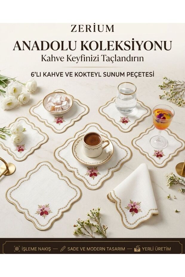 Premium Set of 6 Cocktail and Coffee Presentation Napkins with Floral Embroidery