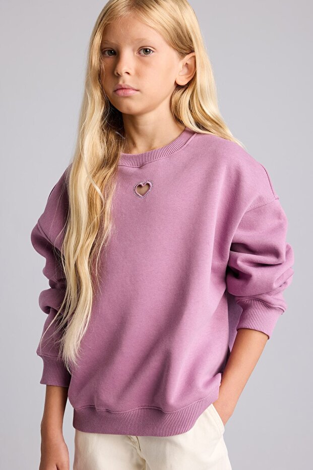 Relax Fit Crew Neck Heart Window Sweatshirt for Girls I6192A826Wn