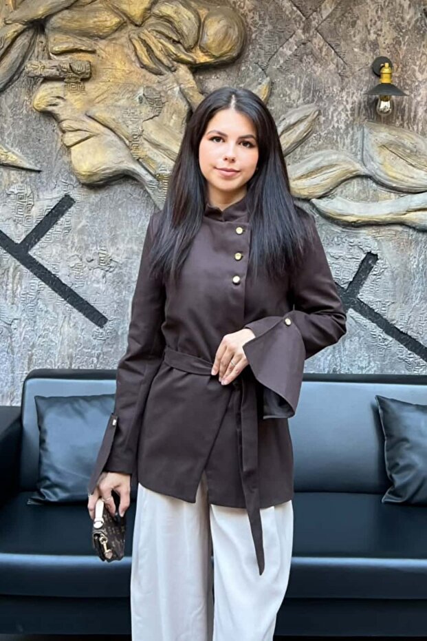 Women's Asymmetrical Buttoned Belted Jacket Sun455