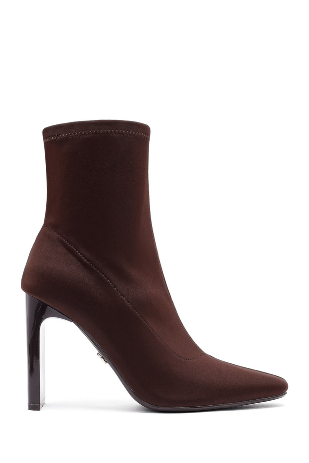 Women's Brown Zippered High Thick Heeled Fabric Boots Af500001Kk