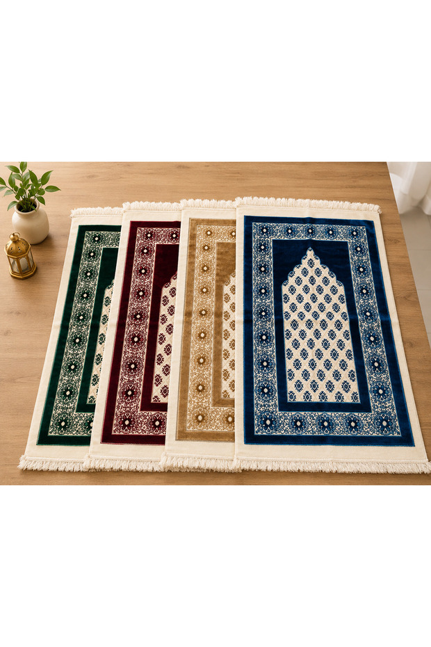 4-Piece Ultra Luxury Velvet Woven Prayer Mat with Soft Texture and Fringed Mihrimah Pattern