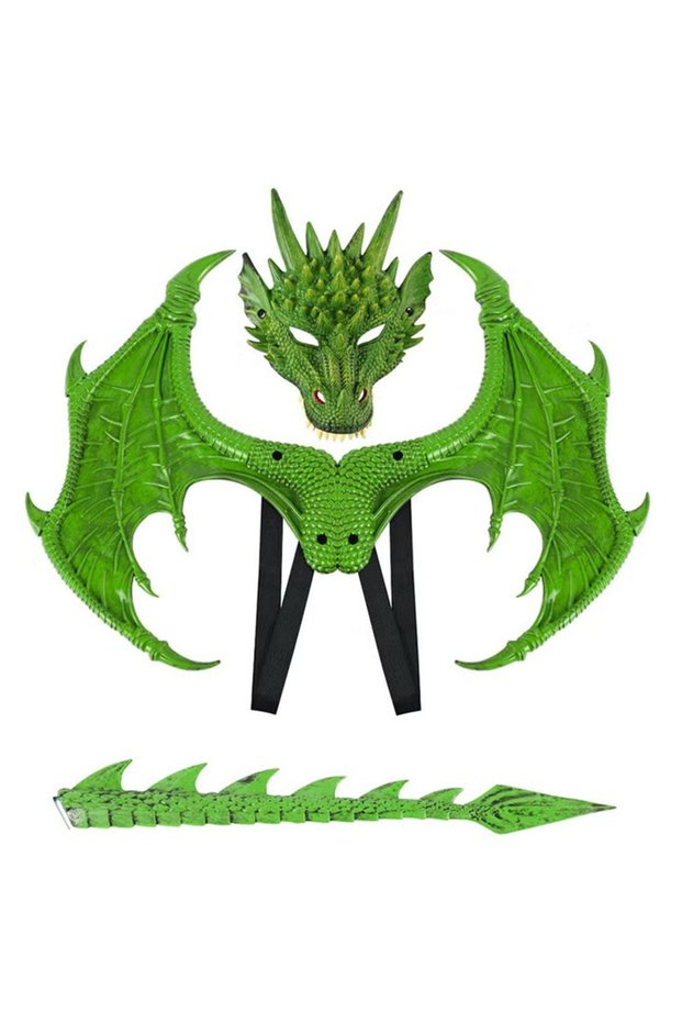 (eb292-Green)Children's Dragon Wing Costume Dinosaur Tail Mask Set Prop Dragon Wings Tail Mask for Kids Dragon Costume Cosplay Party