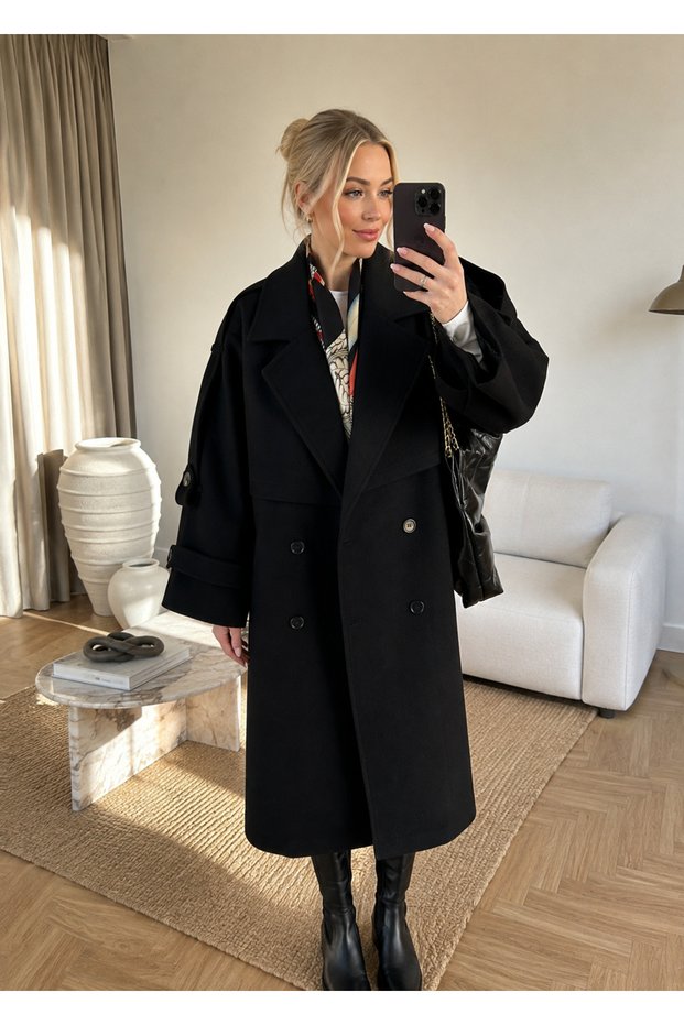 Oversize uzun kaşe kaban kuşaklı