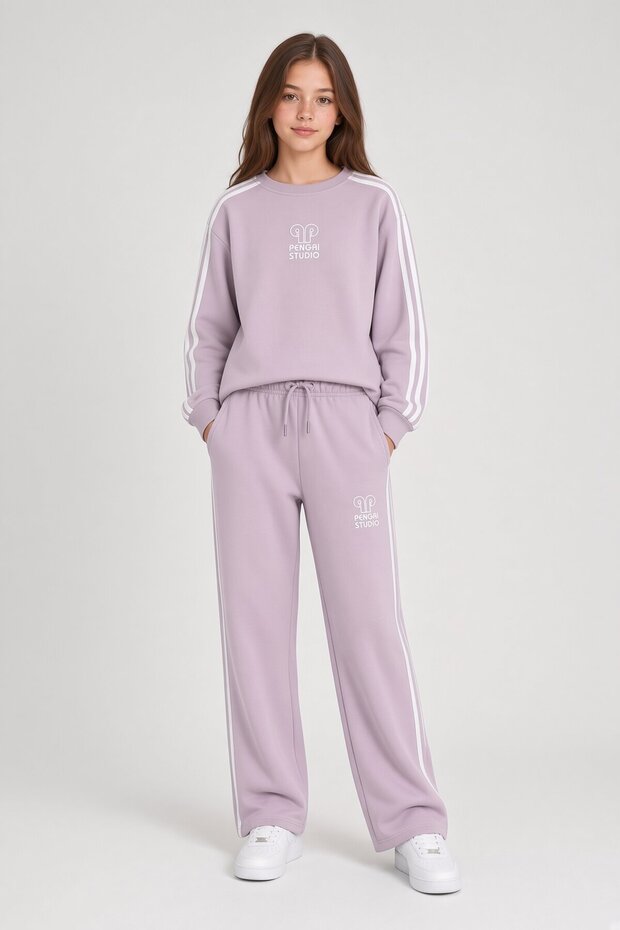 Pink Girls' Crew Neck Striped Wide Leg Tracksuit Set 24624