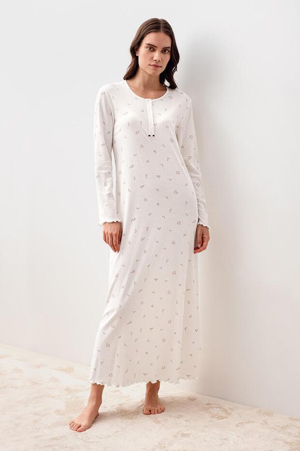 Long Sleeve Patterned Buttoned 100% Cotton Nightgown