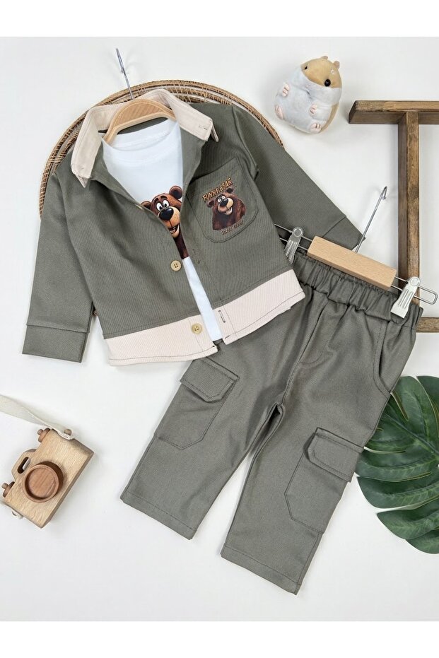 Gabardine Front Buttoned Teddy Bear Printed Badi Pocket Detailed Lycra 3-Piece Baby Boy/Child Set
