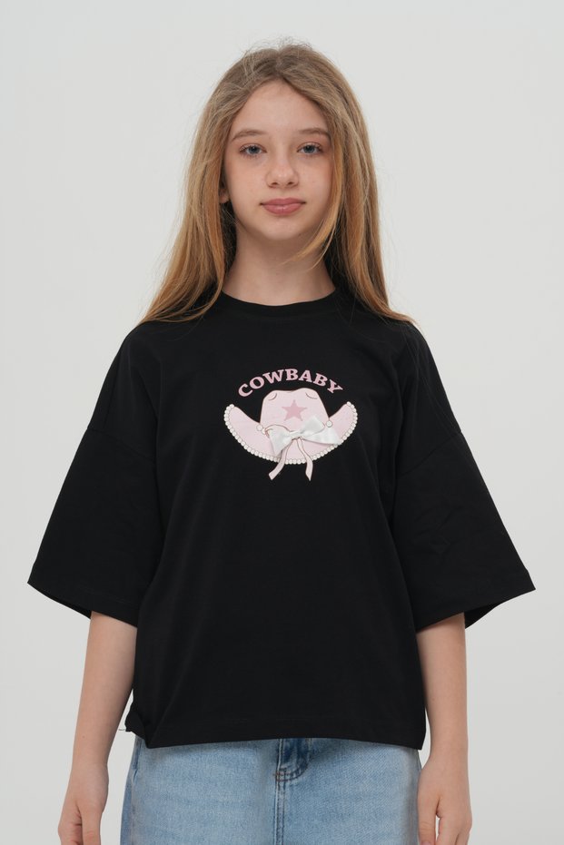 Girl's Oversize Cowbaby Printed T-Shirt - T-Shirt with Ribbon Detail and Cowboy Hat