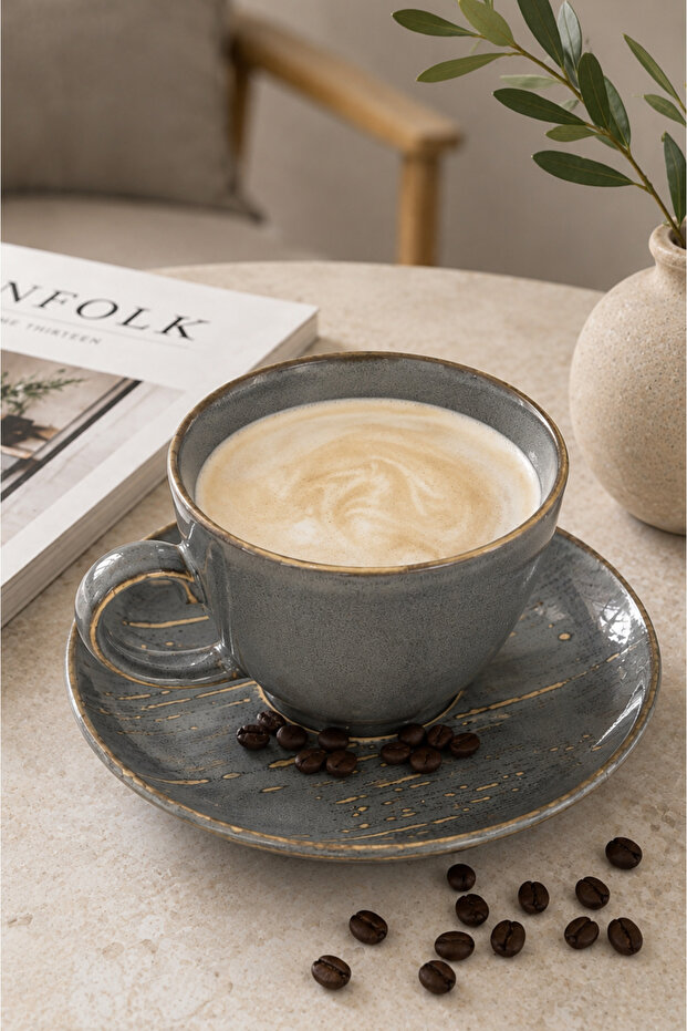 Premium Gray Ceramic 6-Piece Latte Cup Set - Luxury Design Cup and Saucer Set