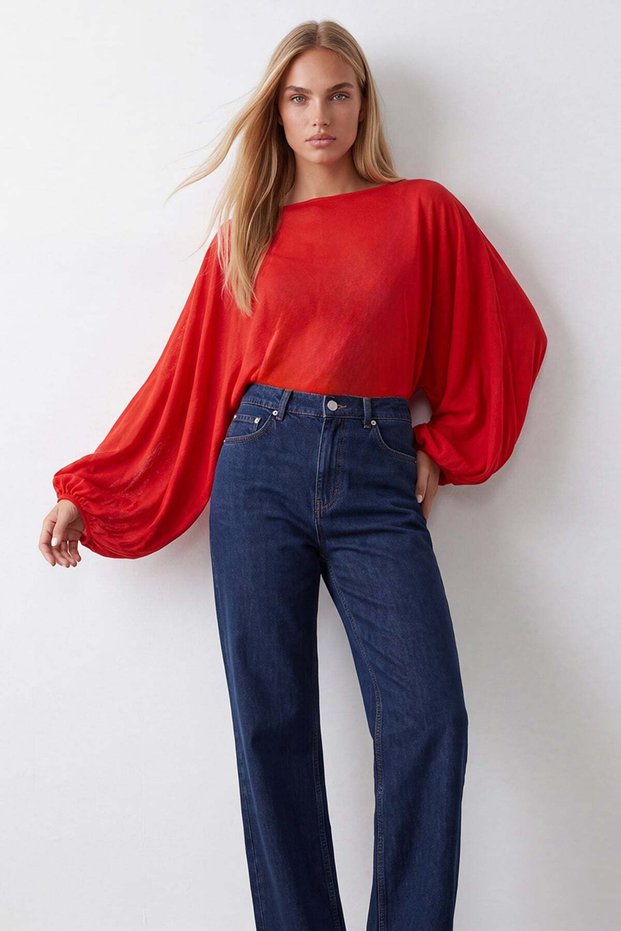 Women's red batwing cut balloon sleeve flowy sheer blouse alc-x15606