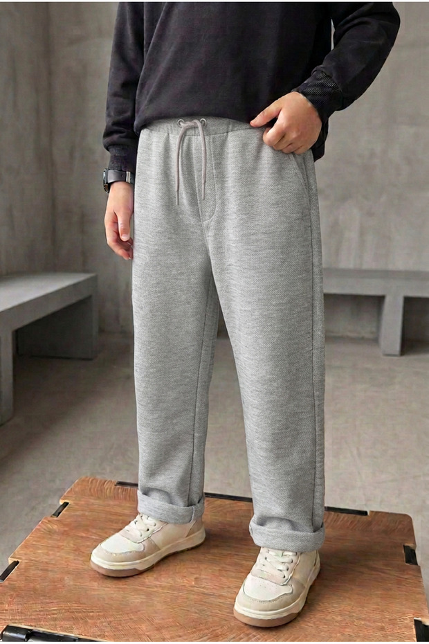 Boy's Textured Fabric Gray Color Elastic Waist Lace-Up Comfortable Cut Pants