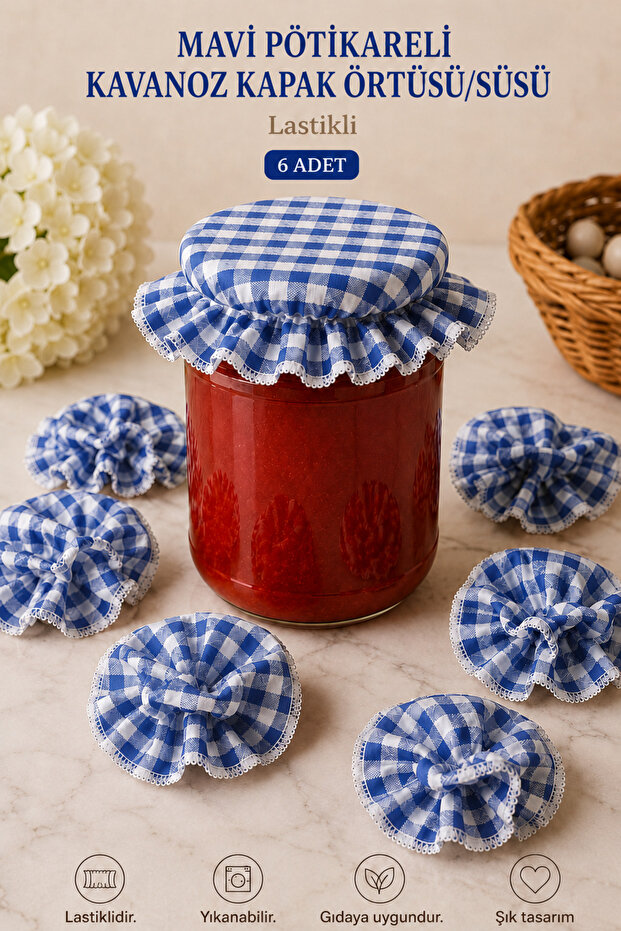 6-Piece Gingham Elastic Jar Lid Cover and Ornament 15X15 cm Jam Pickle Canning Jar Cover