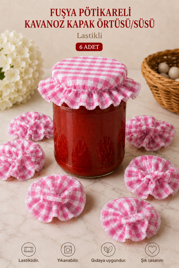 6-Piece Gingham Elastic Jar Lid Cover and Ornament 15X15 cm Jam Pickle Canning Jar Cover