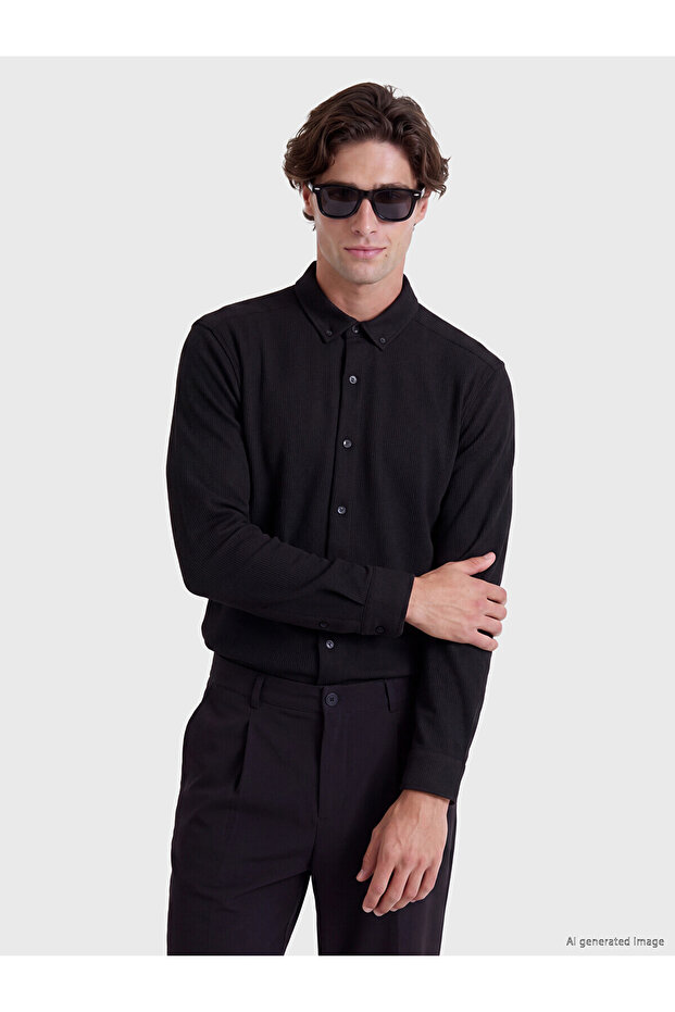 Lcw Vision Black Slim Fit Textured Men's Shirt
