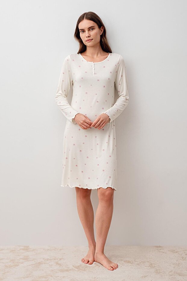 Long Sleeve Buttoned Patterned Lycra Viscose Short Nightgown