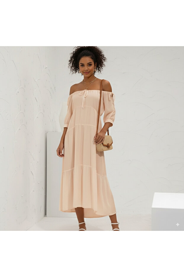 Women's Beige Off-shoulder Maxi Dress