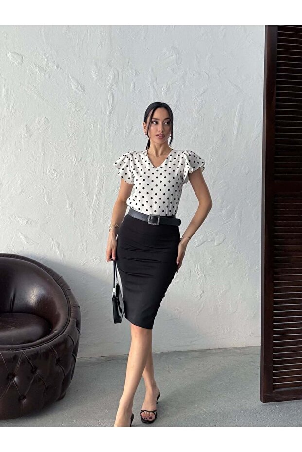 Women's White Polka Dot V-Neck Ruffle Sleeve Slim Fit Satin Blouse