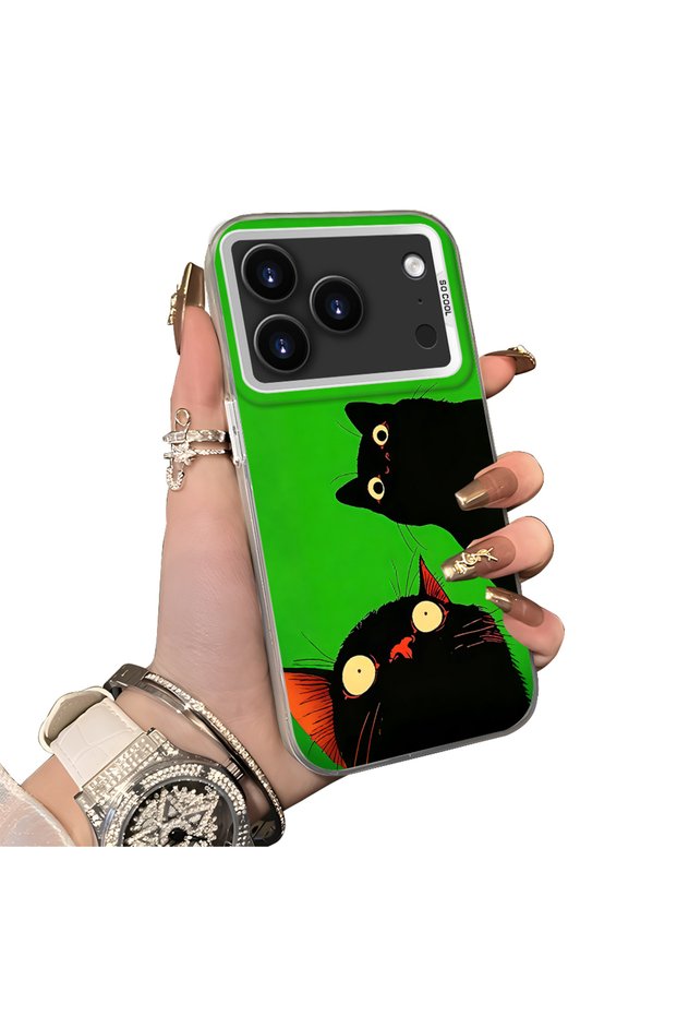 iPhone 17 Pro Max Compatible Hard Acrylic Back Silicone Edge Lens Protection Case Cat