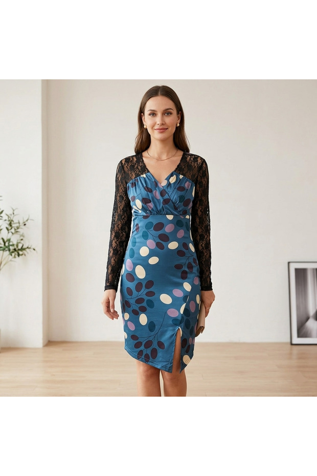 Women's Blue Bodycon Long sleeve Midi Dress