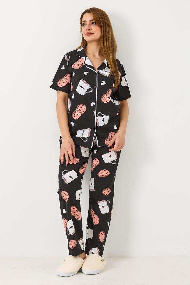 Women's Short Sleeve Buttoned Pajama Set Black