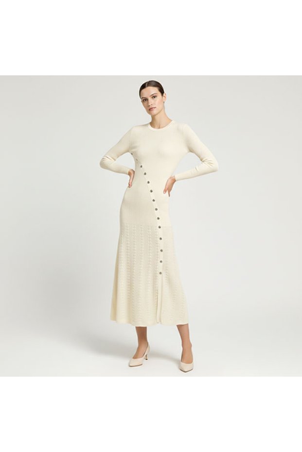 Women's Apricot Crew neck Long sleeve Midi Dress
