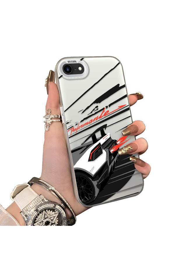 iPhone 7/8/Se 2020 2022 Compatible Stylish Racing Car Pattern Acrylic Back Panel Silicone Edge Shock Absorbing Case