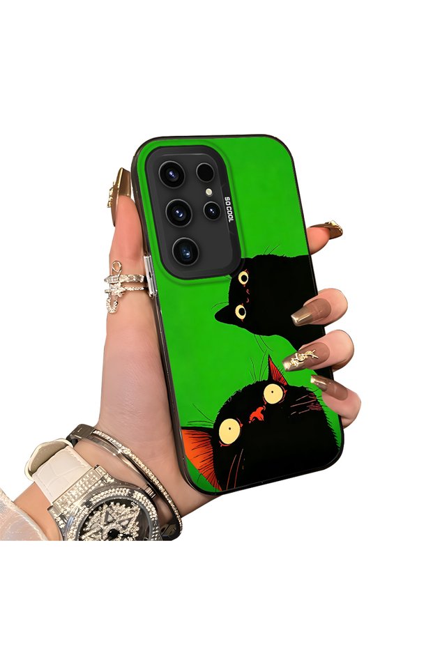 Samsung Galaxy S23 Ultra Compatible Hard Acrylic Back Silicone Edge Lens Protection Case Cat