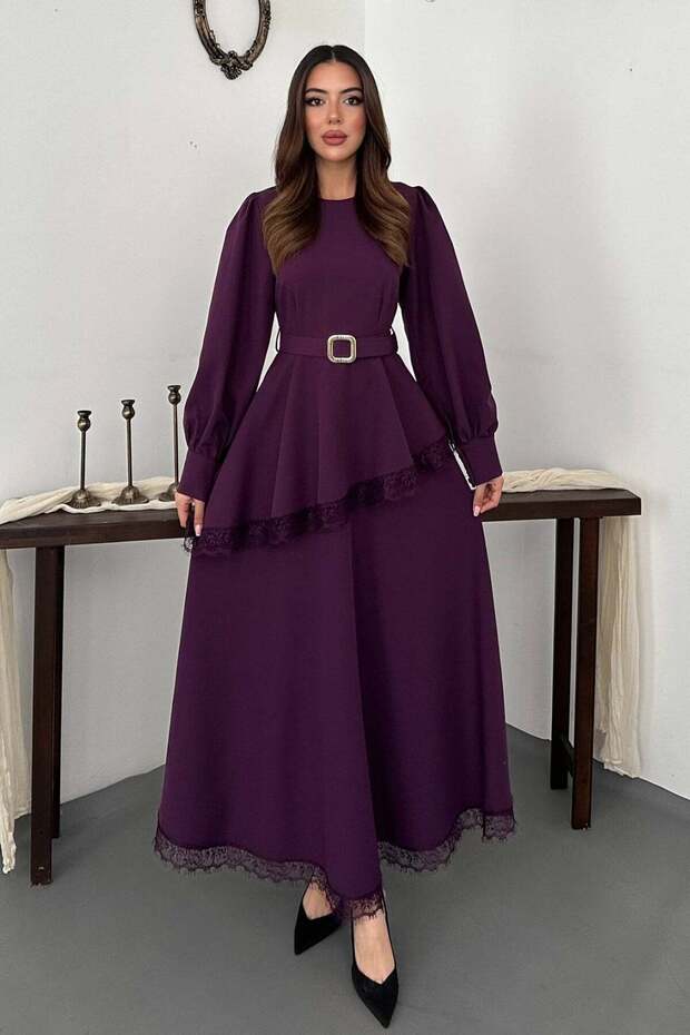 Women's Plum Lace Detailed Asymmetrical Belted Balloon Sleeve Maxi Dress