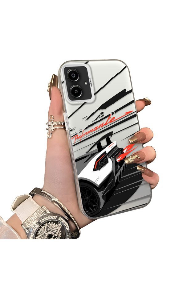Samsung Galaxy A06 4G/5G Compatible Stylish Racing Car Pattern Acrylic Back Panel Silicone Edge Shock Absorbing Case