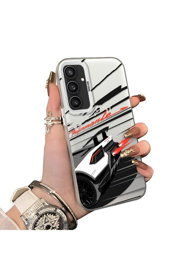 Samsung Galaxy S23 Fe Compatible Stylish Racing Car Pattern Acrylic Back Panel Silicone Edge Shock Absorbing Case