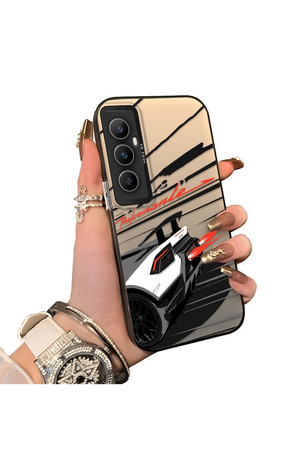 Realme C65 4g Compatible Stylish Racing Car Pattern Acrylic Back Panel Silicone Edge Shock Absorbing Case